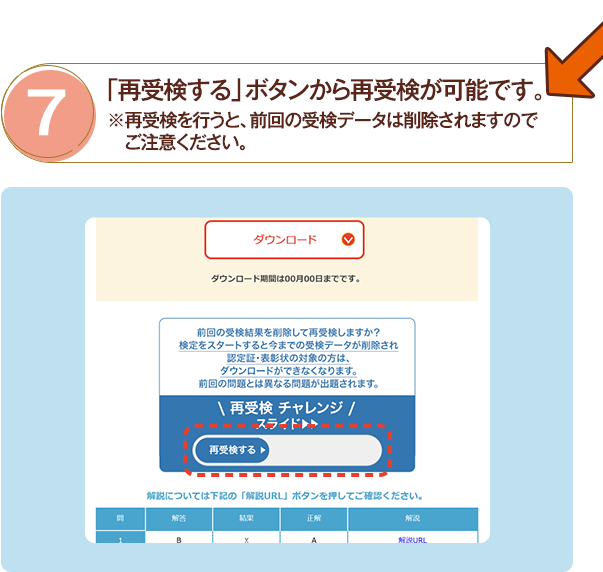 「再受検する」ボタンから再受検が可能です。※再受検を行うと、前回の受検データは削除されますので ご注意ください。
